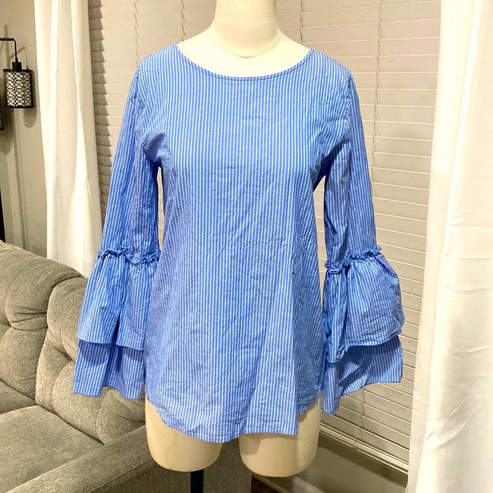 LOFT Blue Striped Ruffle Sleeve Tie Back 100% Cotton Top XS
